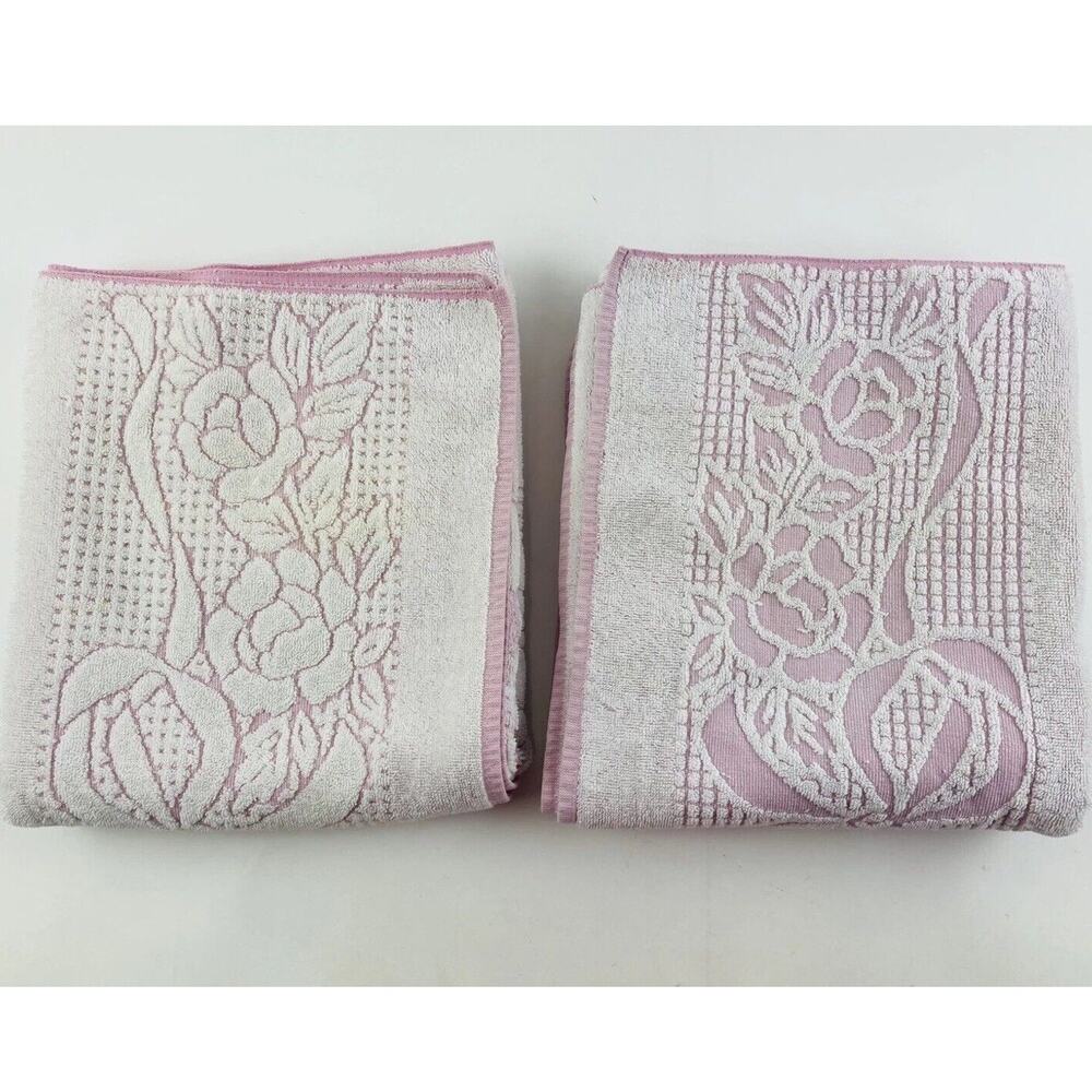 Set 2 Vintage Fieldcrest Bath Towels Pink Flowers Howard Kaplan's French Country
